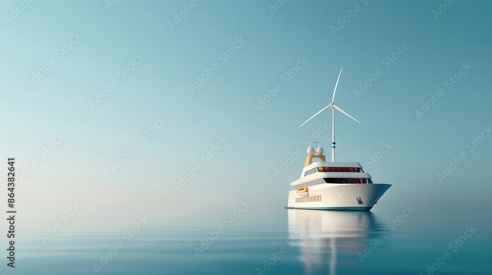 White yacht with a wind turbine on the ocean. White yacht with a wind turbine on the ocean.