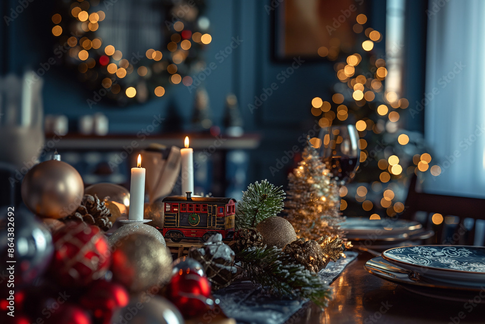 Christmas table with polar train post cart, space for text, warm lighting, dark blue wall background Christmas table with polar train post cart, space for text, warm lighting, dark blue wall background
