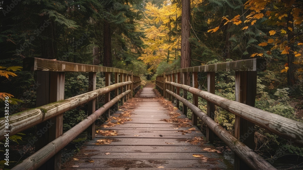 A lengthy wooden bridge leading into the woods A lengthy wooden bridge leading into the woods