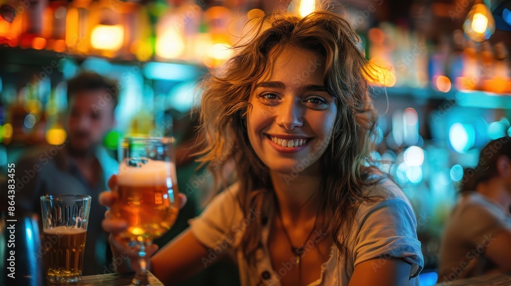 A smiling woman enjoying a beverage in a bustling, colorful bar, capturing the essence of nightlife, joy, and social engagement in a lively atmosphere. A smiling woman enjoying a beverage in a bustling, colorful bar, capturing the essence of nightlife, joy, and social engagement in a lively atmosphere.