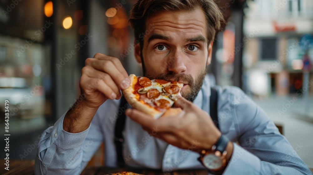 A man holding a slice of pizza in an urban eatery, savoring the flavors while sitting alone, showcasing a moment of simple culinary joy amidst a city backdrop. A man holding a slice of pizza in an urban eatery, savoring the flavors while sitting alone, showcasing a moment of simple culinary joy amidst a city backdrop.