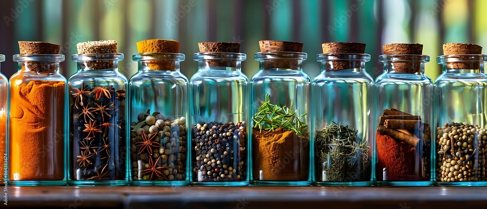 glass spice jars with colorful spices and herbs, warm light, organized kitchen glass spice jars with colorful spices and herbs, warm light, organized kitchen