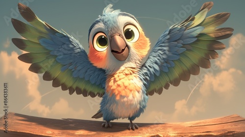 Cute blue and yellow parrot cartoon character with spread wings. Joyful bird illustration for children's book, animation, or wildlife project. photo