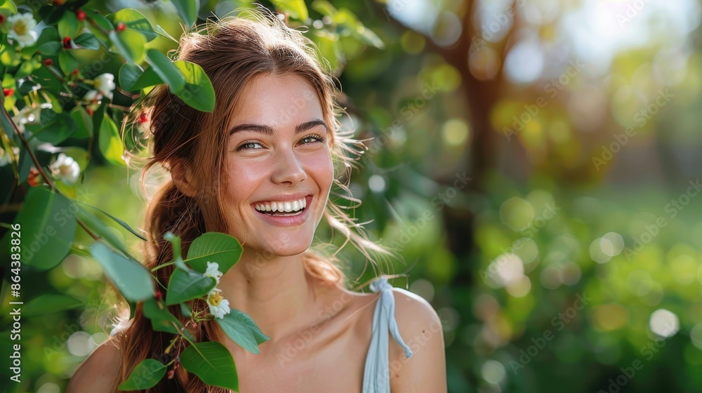 A young woman with a joyful expression stands among green leaves and flowers, illuminated by natural light, in a vibrant outdoor nature setting. A young woman with a joyful expression stands among green leaves and flowers, illuminated by natural light, in a vibrant outdoor nature setting.