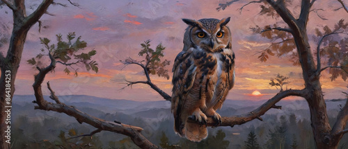 Fototapeta Naklejka Na Ścianę i Meble -  A regal owl perched on a tree branch at dusk, rendered in thick oil paint to capture its wise expression and the twilight colors, Generative AI
