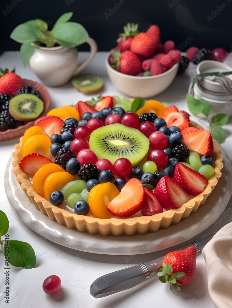 Vibrant Mixed Fruit Tart with Kiwi, Berries, and Peach Glaze. Vibrant Mixed Fruit Tart with Kiwi, Berries, and Peach Glaze.