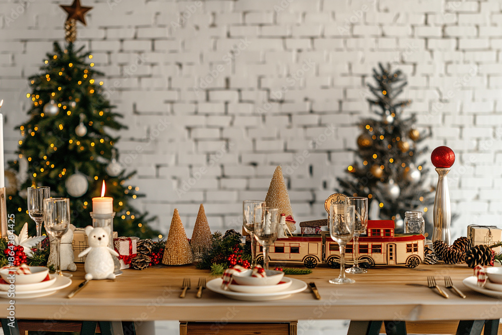 Obraz premium Christmas table with polar train post cart