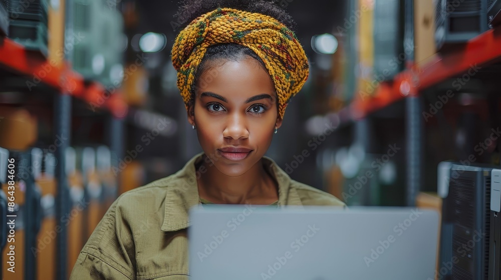 A woman with a colorful knitted headwrap intensely works on her laptop in an organized server room, portraying dedication and the high-tech environment she is a part of. A woman with a colorful knitted headwrap intensely works on her laptop in an organized server room, portraying dedication and the high-tech environment she is a part of.