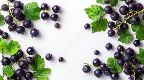 blackcurrant fruit on white background with empty space in center