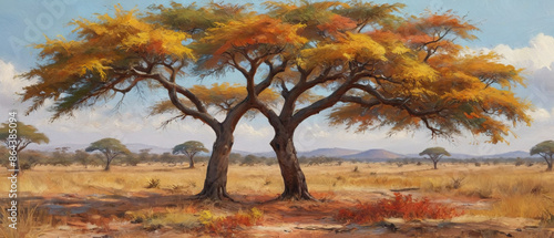 A colorful acacia tree in the African savanna, with a flat-topped canopy and golden leaves, rendered in thick oil paint to capture the vibrant scene and textured branches, Generative AI