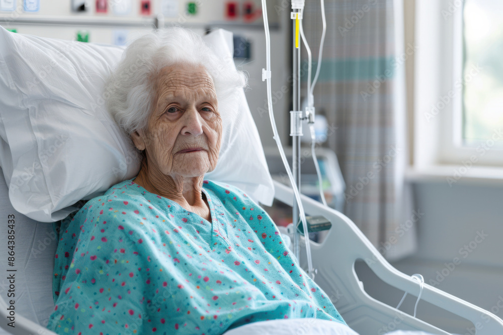 Obraz premium Elderly patient resting in a hospital bed with IV and medical equipment in the background. Healthcare and recovery concept.