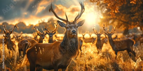 A herd of deer are standing in a field with the sun shining on them © xartproduction