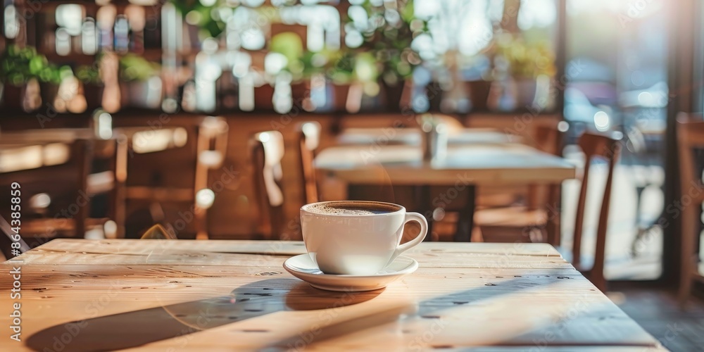 A white coffee cup sits on a wooden table in a cafe A white coffee cup sits on a wooden table in a cafe