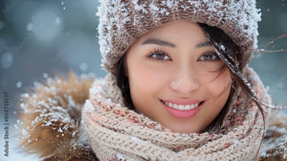 A woman, wearing a knit hat, scarf, and cozy coat, enjoys the snowfall, with her face slightly touched by snowflakes, capturing the essence of winter magic and joy. A woman, wearing a knit hat, scarf, and cozy coat, enjoys the snowfall, with her face slightly touched by snowflakes, capturing the essence of winter magic and joy.