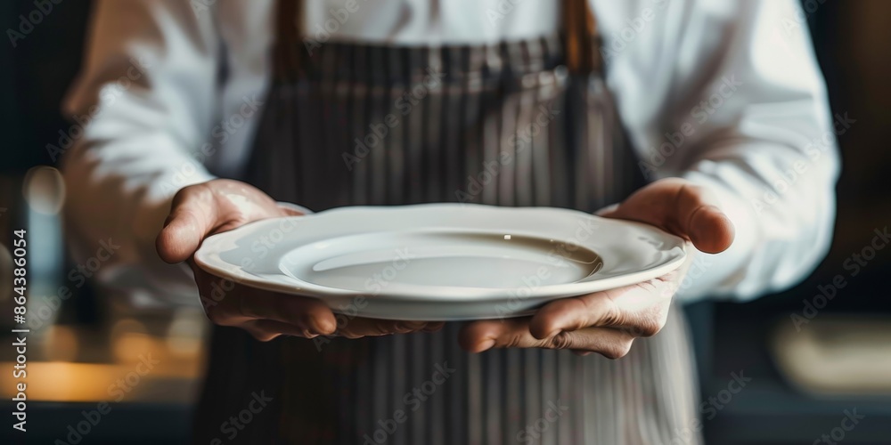 A man is holding a white plate in his hands A man is holding a white plate in his hands