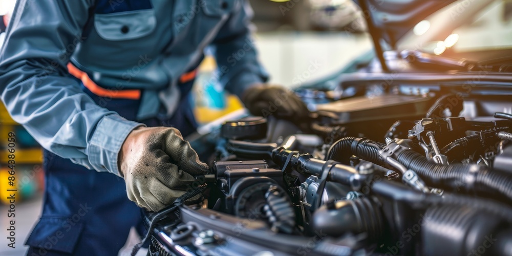 A mechanic is working on a car engine A mechanic is working on a car engine