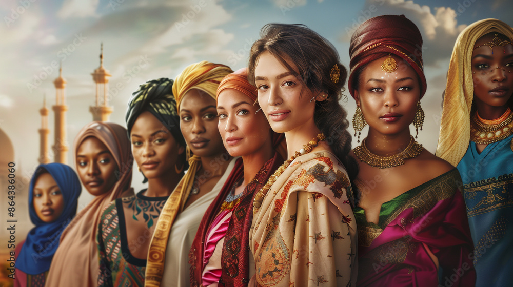 Fototapeta premium Portrait of Diverse Women in Traditional Attire with Mosque in Background - Celebrating Cultural Heritage and Female Empowerment