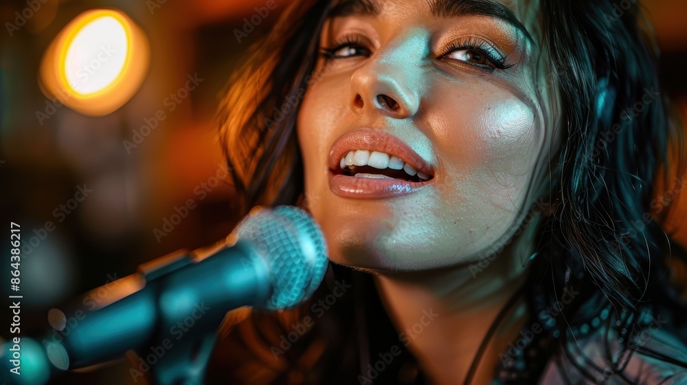 A close-up of a person singing into a microphone with a warm background light, capturing the essence of a live musical performance in a dimly lit setting. A close-up of a person singing into a microphone with a warm background light, capturing the essence of a live musical performance in a dimly lit setting.