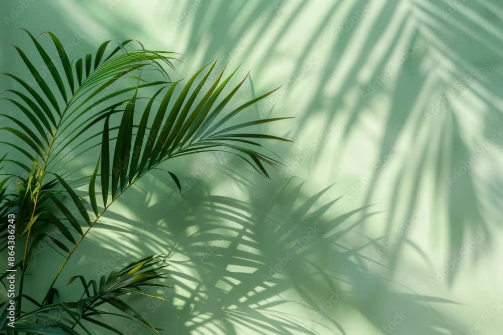 Spa ambiance palm leaf shadows on soft green backdrop for wellness and harmony concept Spa ambiance palm leaf shadows on soft green backdrop for wellness and harmony concept