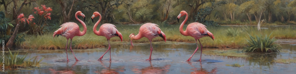 A pair of flamingos standing gracefully in a serene wetland, rendered in thick oil paint to capture their elegant forms and the lush surroundings, Generative AI A pair of flamingos standing gracefully in a serene wetland, rendered in thick oil paint to capture their elegant forms and the lush surroundings, Generative AI