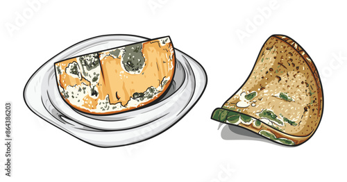 Slices of moldy bread being left on a plate and going to waste