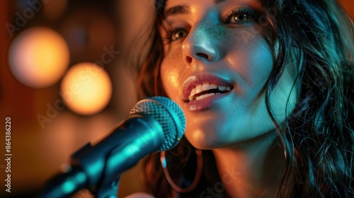 A singer closely holds a microphone while performing at a music venue, with vibrant lights creating a dynamic and engaging atmosphere, representing passion and dedication to music. © Lens Legacy