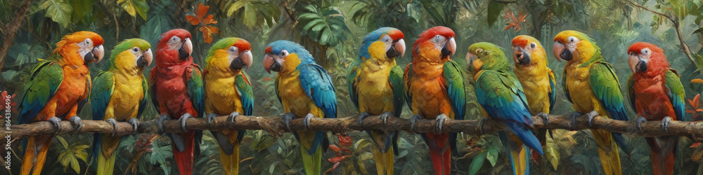 Fototapeta premium A group of colorful parrots chatting animatedly on a jungle vine, rendered in thick oil paint to capture their lively personalities and vibrant plumage, Generative AI