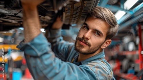 A skilled mechanic examining a vehicle’s tire assembly in an auto repair shop, demonstrating his expertise and attentive work ethic in a meticulously organized space.