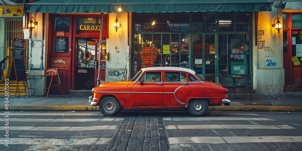 Obraz premium A red car is parked on a city street in front of a restaurant