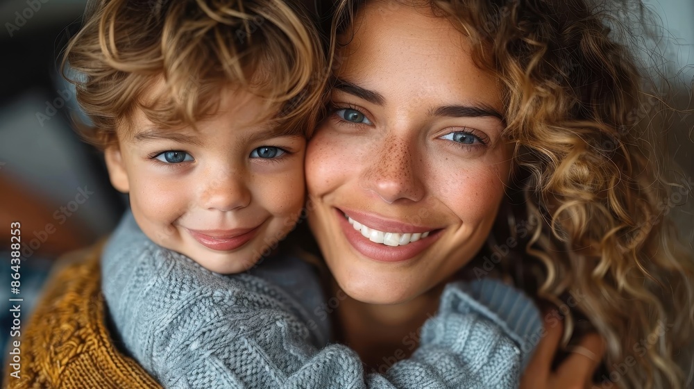 An image of a mother and her young child, both captivating the camera with bright smiles, conveying joy and happiness in their embrace. Taken in soft indoor lighting. An image of a mother and her young child, both captivating the camera with bright smiles, conveying joy and happiness in their embrace. Taken in soft indoor lighting.
