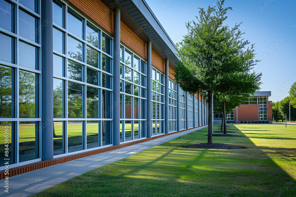 Classic brick school building exterior under clear blue sky, showcasing American education architecture with green trees and flags waving in the breeze Classic brick school building exterior under clear blue sky, showcasing American education architecture with green trees and flags waving in the breeze