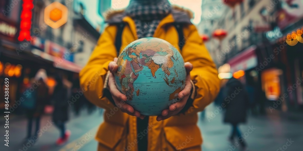 Naklejka premium A person holding a globe in a city street