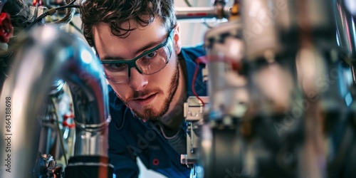 A man in a blue shirt is working on a machine © xartproduction