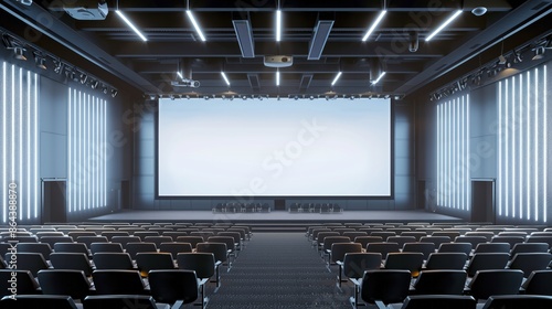 Conference stage with huge screen for presentation, large hall with empty chairs