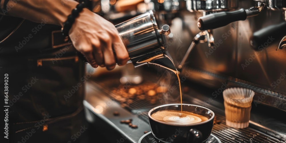 A barista is pouring coffee into a cup A barista is pouring coffee into a cup