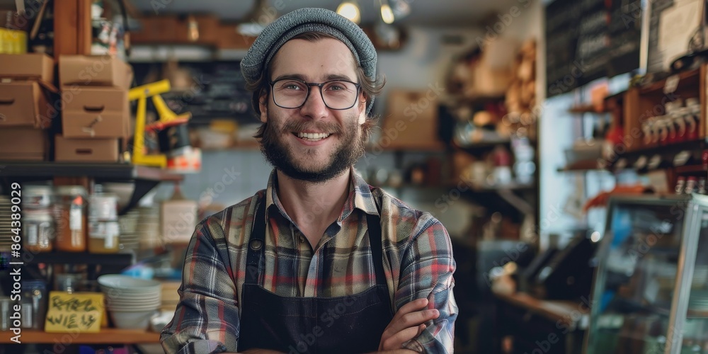 A man with a beard and glasses is smiling in front of a store A man with a beard and glasses is smiling in front of a store