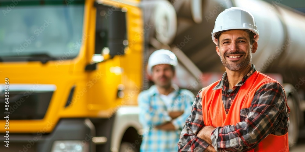 A man in a hard hat and orange vest stands next to a yellow truck A man in a hard hat and orange vest stands next to a yellow truck