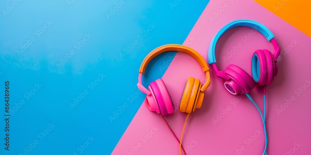 Two colorful headphones are on a pink and blue background Two colorful headphones are on a pink and blue background