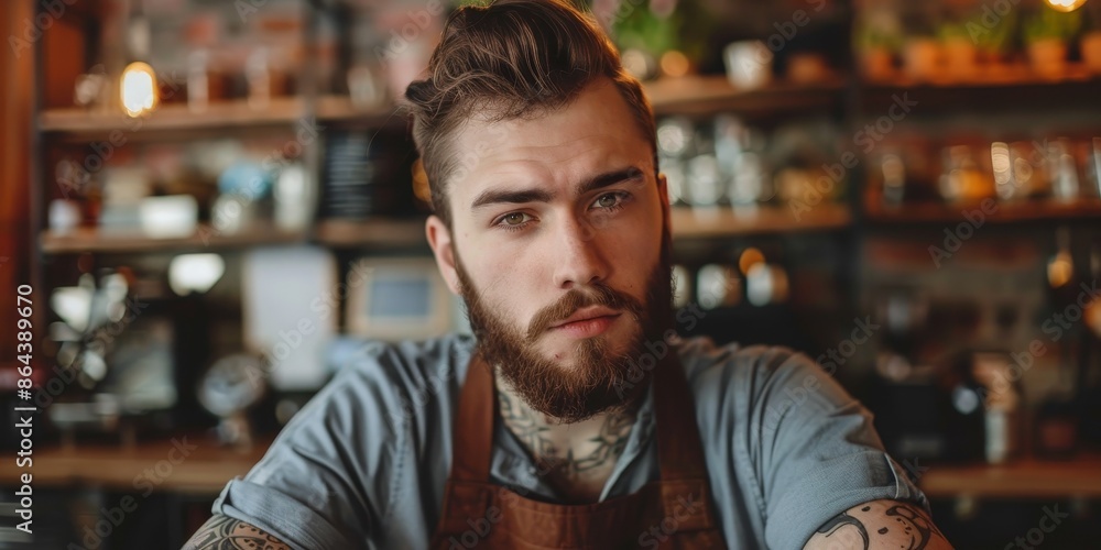 A man with a beard and tattoos is sitting at a counter in a bar A man with a beard and tattoos is sitting at a counter in a bar