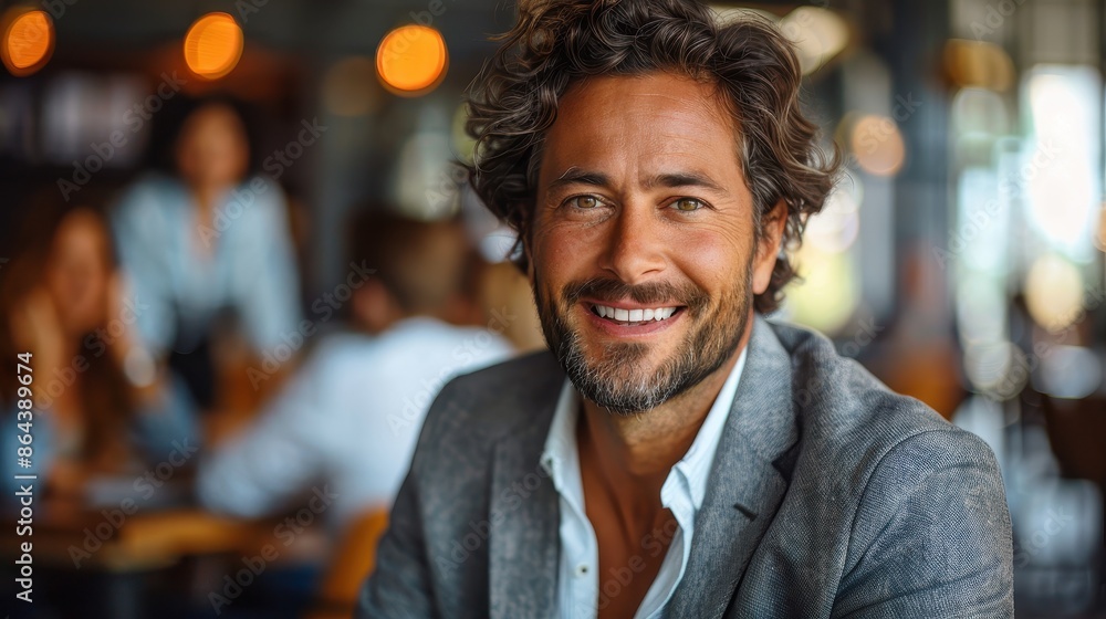 A smiling man with curly hair and a beard, wearing a blazer, is confidently sitting in a professional meeting, filled with active discussions and engagement with colleagues. A smiling man with curly hair and a beard, wearing a blazer, is confidently sitting in a professional meeting, filled with active discussions and engagement with colleagues.