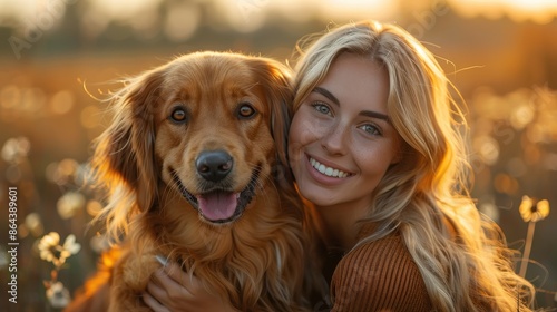 A blonde woman with a radiant smile warmly embraces her golden retriever in a scenic autumn field, capturing themes of pet companionship and the beauty of early fall. photo