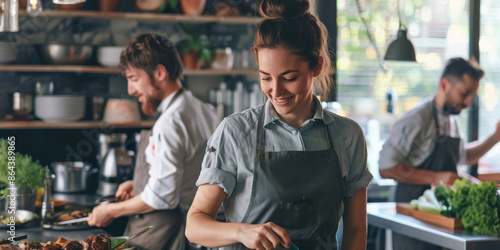 A woman in a blue apron is smiling as she prepares food in a kitchen