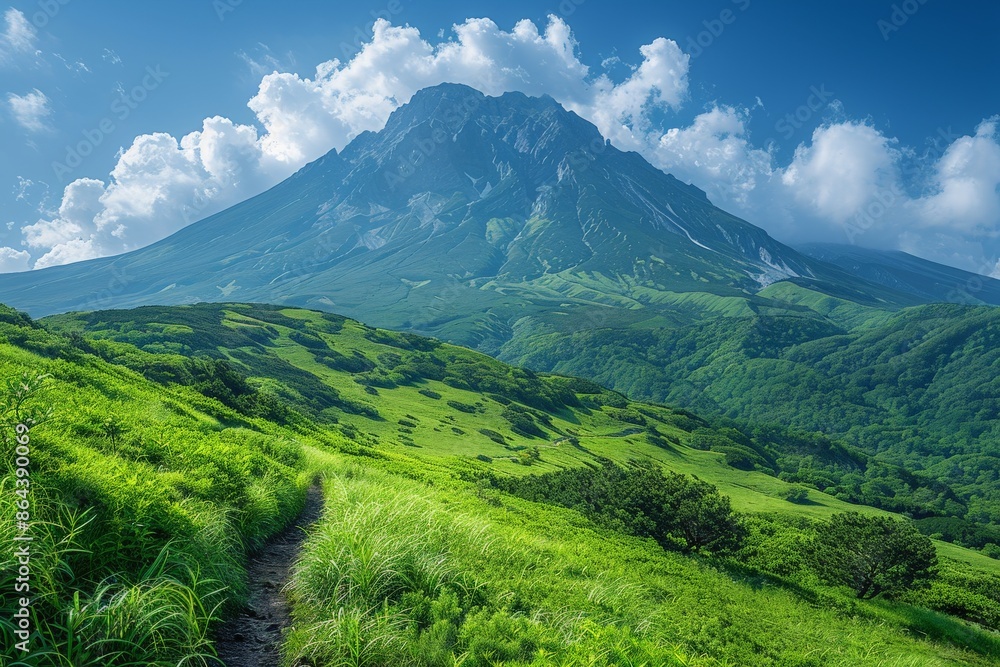 A breathtaking view of a lush green landscape with a towering mountain in the background, generously framed by a brilliantly blue sky dotted with fluffy white clouds. A breathtaking view of a lush green landscape with a towering mountain in the background, generously framed by a brilliantly blue sky dotted with fluffy white clouds.