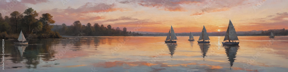 Fototapeta premium Serene sailboats drifting across a tranquil lake at sunset, depicted with thick, textured oil paint that adds depth and movement to the water, Generative AI