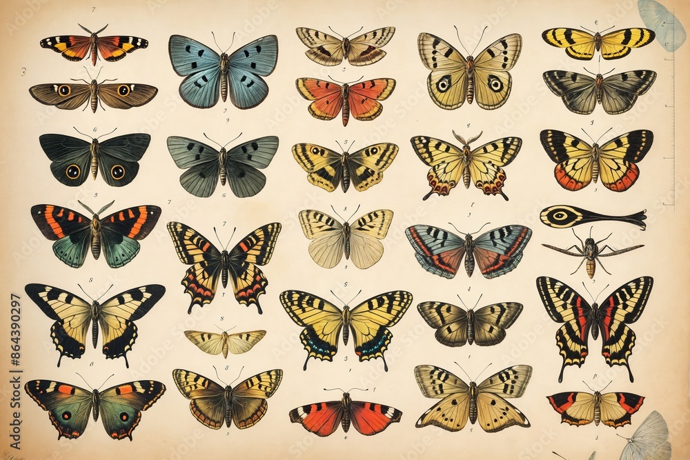 Fototapeta premium Vintage illustration of various colorful butterflies and moths