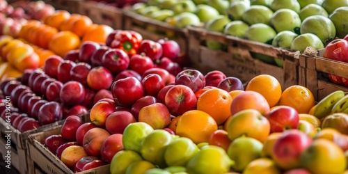 A colorful display of fruit including apples, oranges, and pears