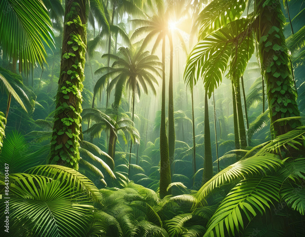 Lush, sun-drenched tropical rainforest with towering palm trees, dense foliage, and sunbeams filtering through the leaves Lush, sun-drenched tropical rainforest with towering palm trees, dense foliage, and sunbeams filtering through the leaves