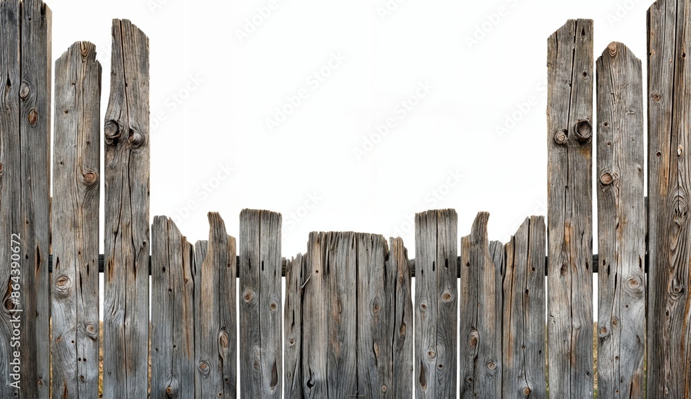 Fototapeta premium Aged wooden fence with an opening isolated on white background