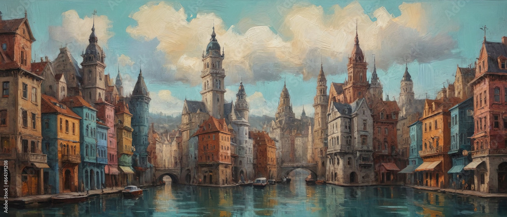 Naklejka premium A surreal oil painting on canvas, featuring thick, raised layers of paint that blend organic and geometric textures into a captivating, otherworldly architectural scene, Generative AI.