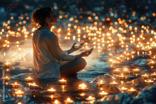 A woman sits cross-legged, eyes closed, amidst a serene sea of candles. Their hands hold two lit candles, reflecting the peaceful ambiance of the night